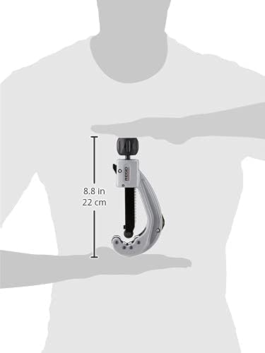 RIDGID quick acting tubing cutter with measurement scale showing 8.8 inches (22 cm) length, held in hand for scale.