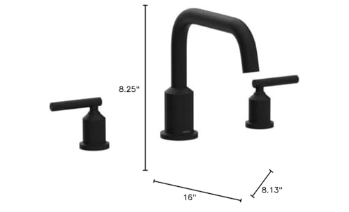 Matte black two-handle Roman tub faucet with curved spout and lever handles, deck-mounted.