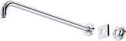 Polished chrome wall mount shower arm with curved spout and mounting hardware on white background.