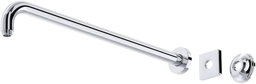 Polished chrome wall mount shower arm with curved spout and mounting hardware on white background.
