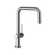 Chrome kitchen faucet with tall U-shaped spout and single lever handle on left side.