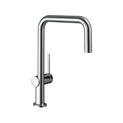 Chrome kitchen faucet with tall U-shaped spout and single lever handle on left side.