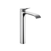 Chrome single-hole bathroom faucet with tall cylindrical body and curved spout.