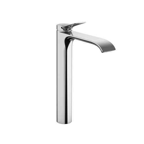 Chrome single-hole bathroom faucet with tall cylindrical body and curved spout.