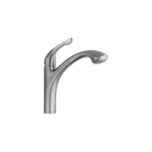 Stainless steel pull-out kitchen faucet with curved spout and spray head in steel optic finish.