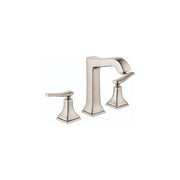 Brushed nickel three-piece bathroom faucet with tall center spout, two lever handles, and tapered square bases.