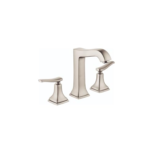 Brushed nickel three-piece bathroom faucet with tall center spout, two lever handles, and tapered square bases.