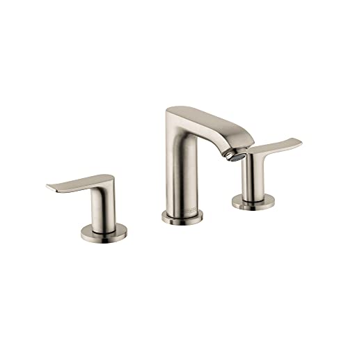 Brushed nickel three-piece widespread faucet with curved center spout and lever handles on each side.