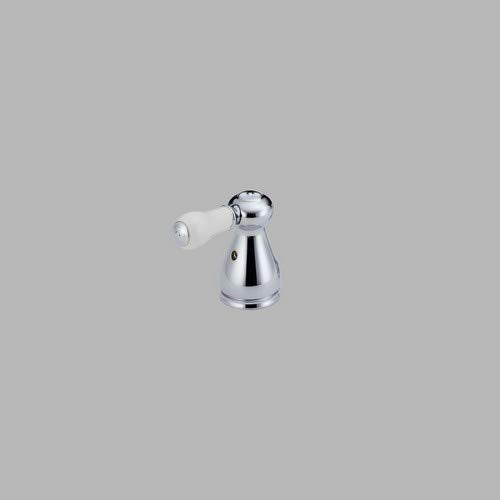 Chrome and porcelain lever handle set with conical base and rotating arm for bathroom sink faucet installation.