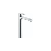 Chrome single-hole bathroom faucet with tall cylindrical body and angled spout.