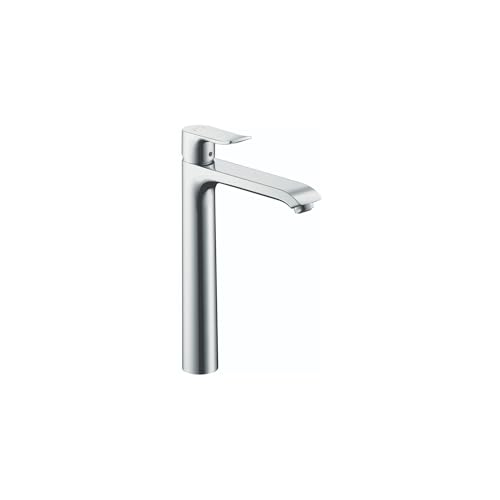 Chrome single-hole bathroom faucet with tall cylindrical body and angled spout.