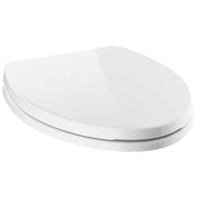 White elongated toilet seat with slow-close mechanism and lid in closed position.