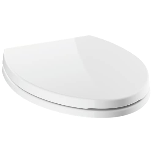 White elongated toilet seat with slow-close mechanism and lid in closed position.