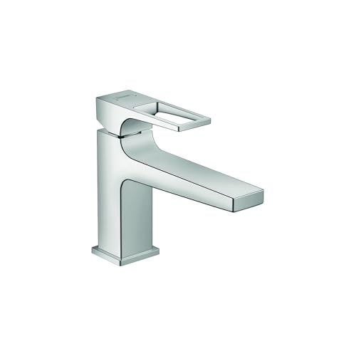 Chrome single-hole bathroom faucet with curved spout and loop handle.