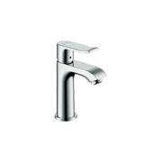Chrome single-hole bathroom faucet with curved spout and cylindrical body, single lever handle mounted on upper body.