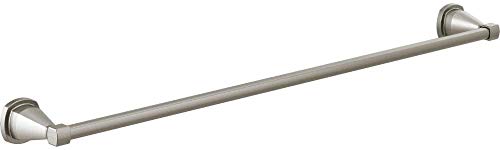 Stainless steel towel bar with circular wall-mounted brackets on each end.