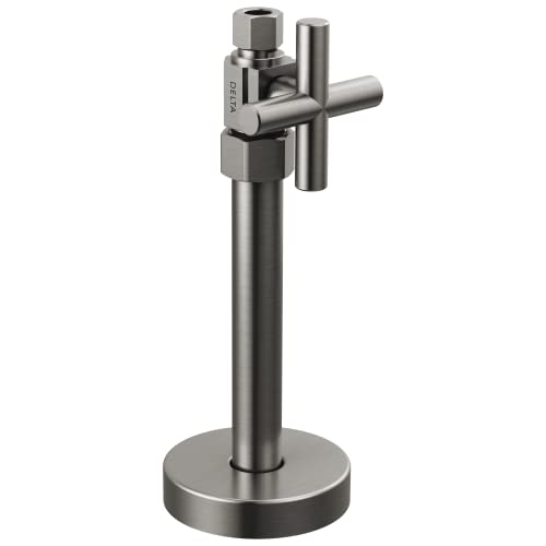 Brushed nickel straight supply stop valve with cross handle and round base.