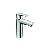 Chrome single-hole bathroom faucet with curved spout and lever handle.