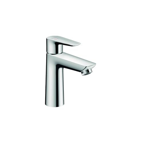 Chrome single-hole bathroom faucet with curved spout and lever handle.