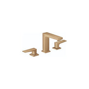Brushed bronze widespread bathroom faucet with central tall spout and two lever handles positioned on either side.