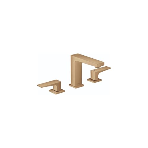 Brushed bronze widespread bathroom faucet with central tall spout and two lever handles positioned on either side.