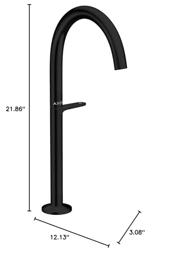 Matte black single-hole faucet with tall curved spout and lever handle, 21.86 inches high.