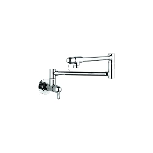 Chrome wall-mounted pot filler faucet with articulating arm and single lever handle.
