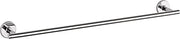 Chrome towel bar with cylindrical mounting brackets and sleek horizontal design.