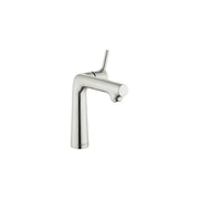Brushed nickel single-hole bathroom faucet with tall angular spout and lever handle.