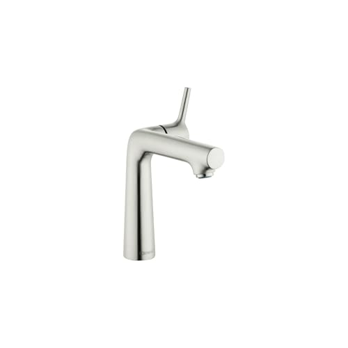 Brushed nickel single-hole bathroom faucet with tall angular spout and lever handle.