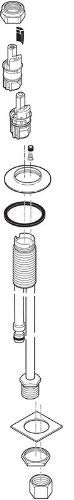 Chrome-finished valve assembly components including cartridge, springs, and mounting hardware arranged vertically for demonst