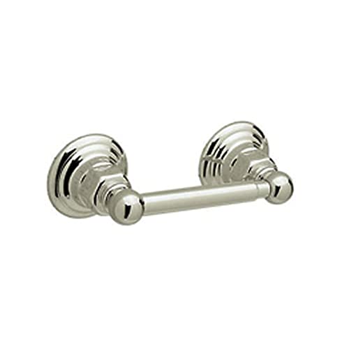 Polished chrome toilet paper holder with spring-loaded mechanism and decorative rosette wall mounts.