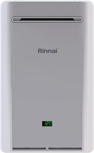 Rinnai gray rectangular tankless water heater with digital display showing 120 degrees.