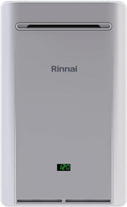 Rinnai silver tankless water heater with digital display showing 120 degrees and horizontal slot vent at top.