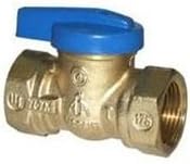Brass meter coupling with 1/2 inch MNPT and AWWA connections, featuring a blue lever handle.