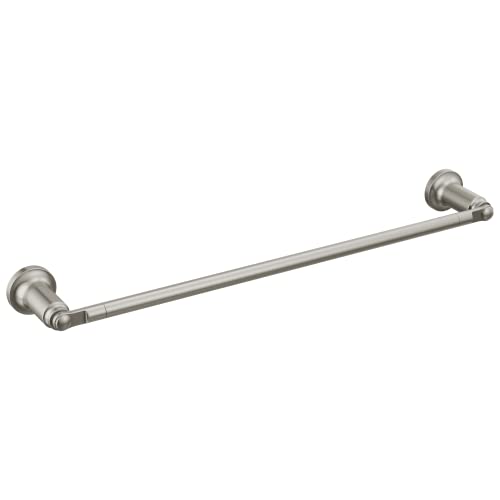 Brushed nickel towel bar with decorative mounting flanges on each end.