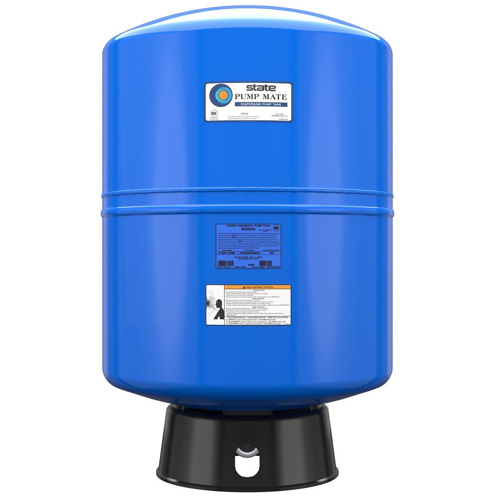 Blue cylindrical pressure tank with "State Pump Mate" label and black base, featuring instruction labels on the body.