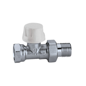 Chrome thermostatic radiator valve body with white adjustable cap and NPT threaded connection.