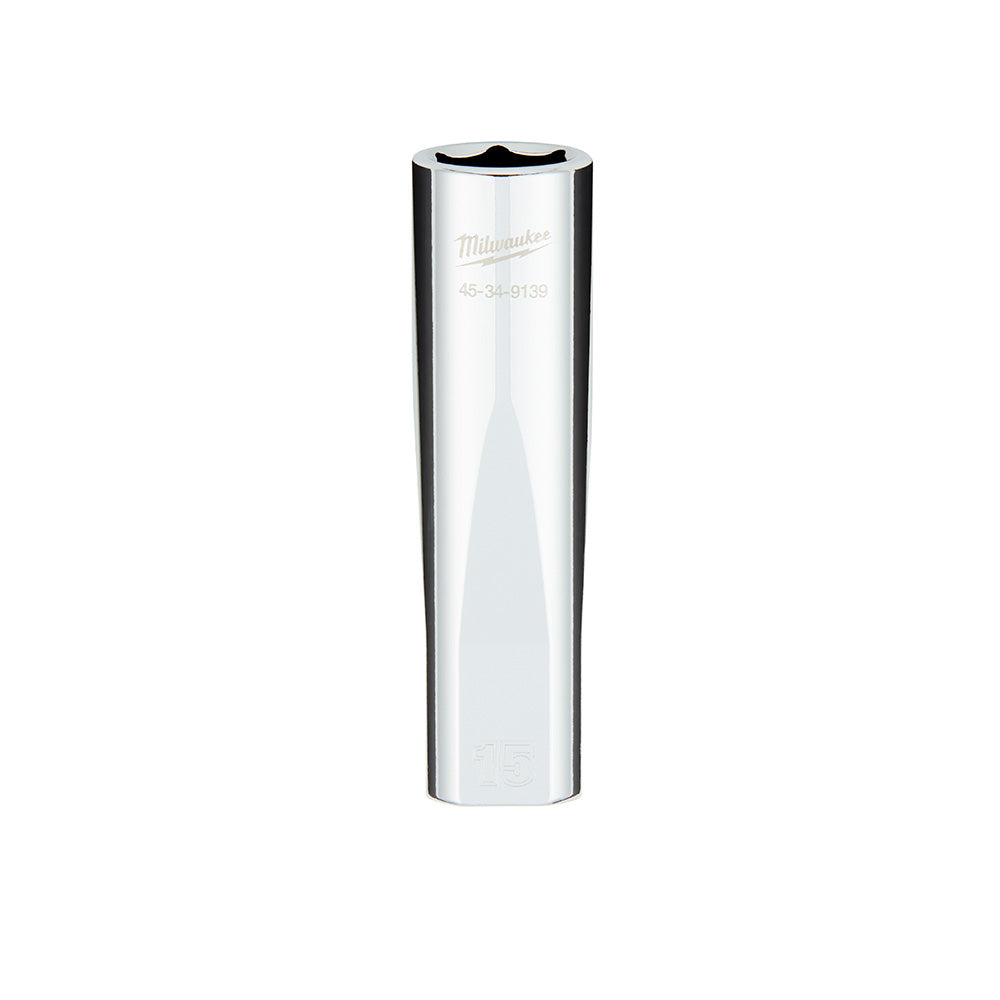 Polished chrome deep socket with hexagonal opening and four flat sides on cylindrical body, Milwaukee branding visible.