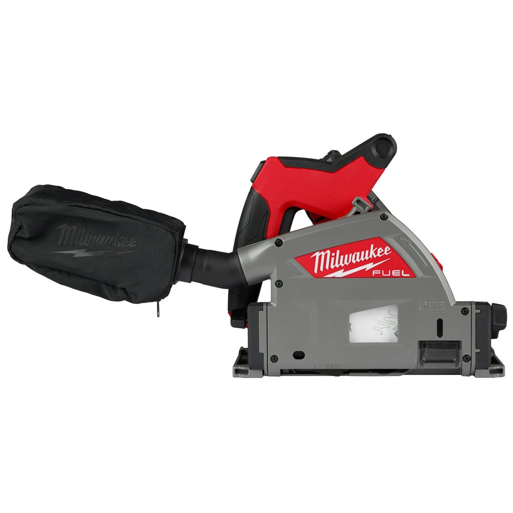 Milwaukee M18 FUEL plunge track saw with red and gray body, black dust collection bag, and gray base plate.