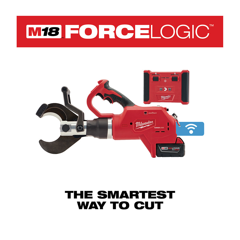 Red and black M18 FORCE LOGIC cable cutter with wireless remote control unit and battery pack.