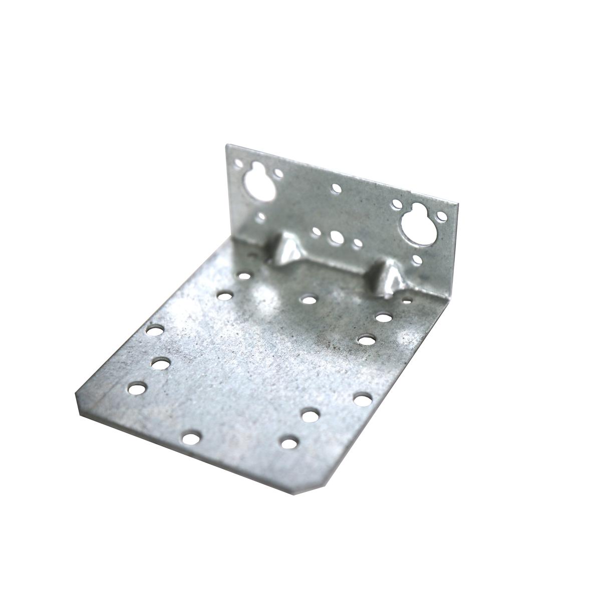 Metal L-shaped mounting bracket with multiple circular and oval holes for fastening and filter attachment.