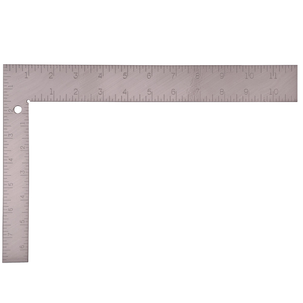 Steel square with measurement markings on horizontal and vertical arms, pivot hole at corner.