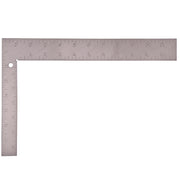 Steel square with measurement markings on horizontal and vertical arms, pivot hole at corner.