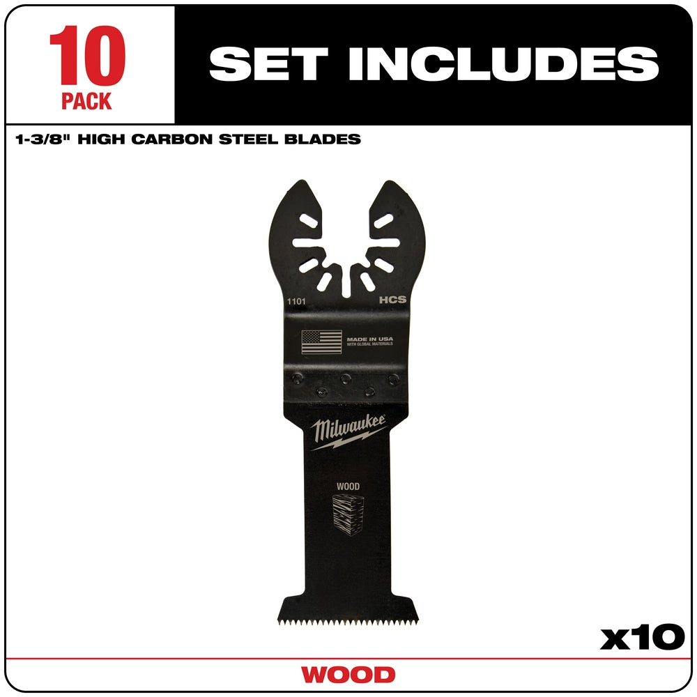 Black Milwaukee 1-3/8" high carbon steel wood cutting blade with OPEN-LOK connection and serrated bottom edge.