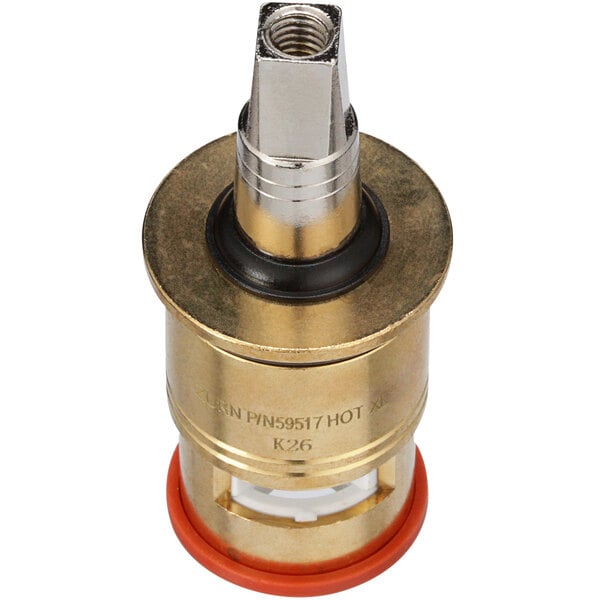 Brass ceramic disc cartridge with chrome stem, black rubber seal ring, and red base for hot water control.