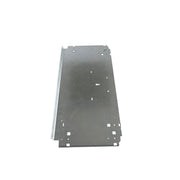 Gray metal panel with multiple mounting holes and cutouts on front and back surfaces.