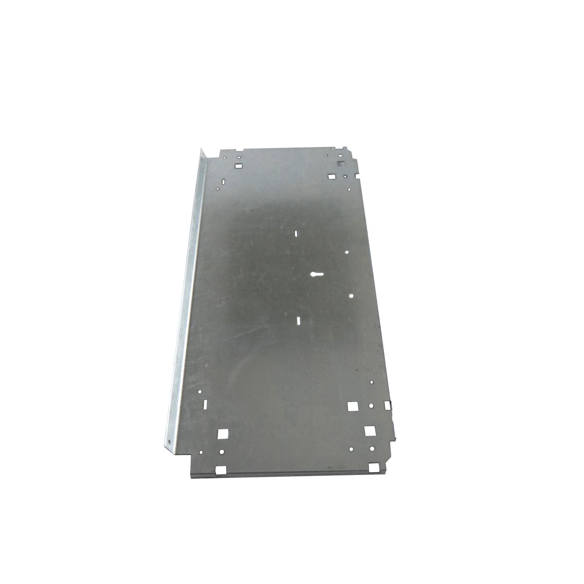 Gray metal panel with multiple mounting holes and cutouts on front and back surfaces.