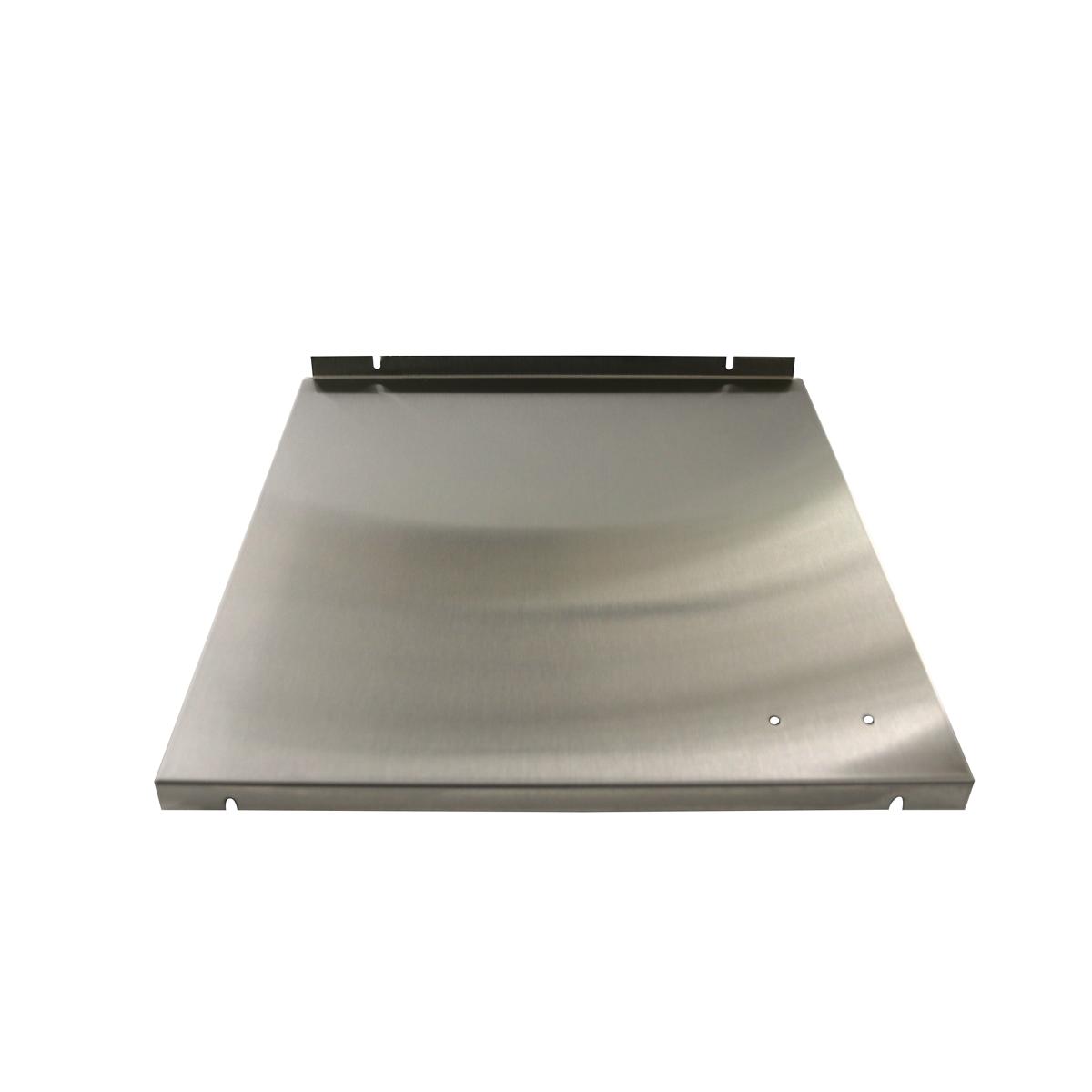 Stainless steel front lower panel with black top rail and mounting brackets on sides.