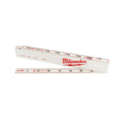 White composite folding rule with red and black measurement markings and Milwaukee branding, shown partially extended.